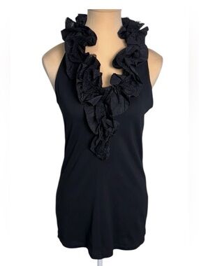 CAbi Black Taffeta Lace Ruffled Sleeveless Top